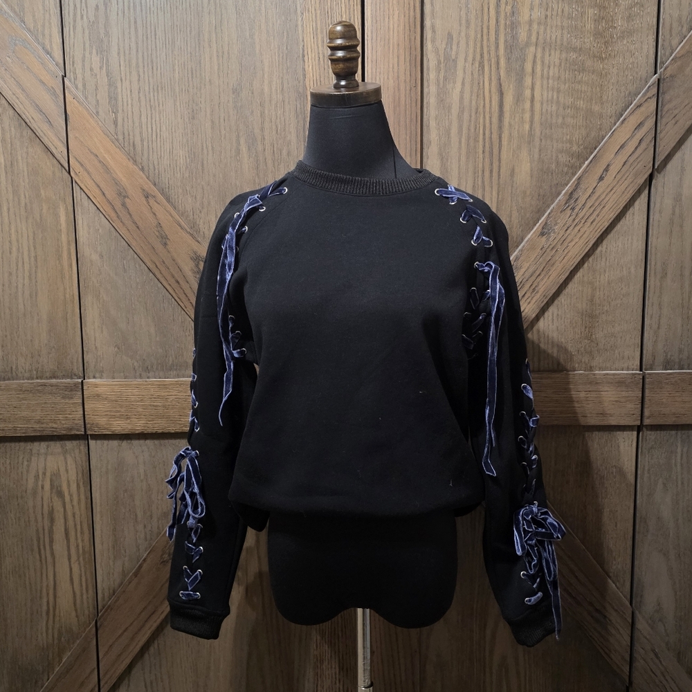 Maje Black Sweatshirt with Navy Lace-Up Ribbon Sleeves - Picture 1 of 5